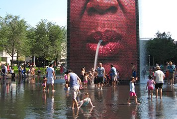 Students enjoying the water at the Crown Fountain in Chicago